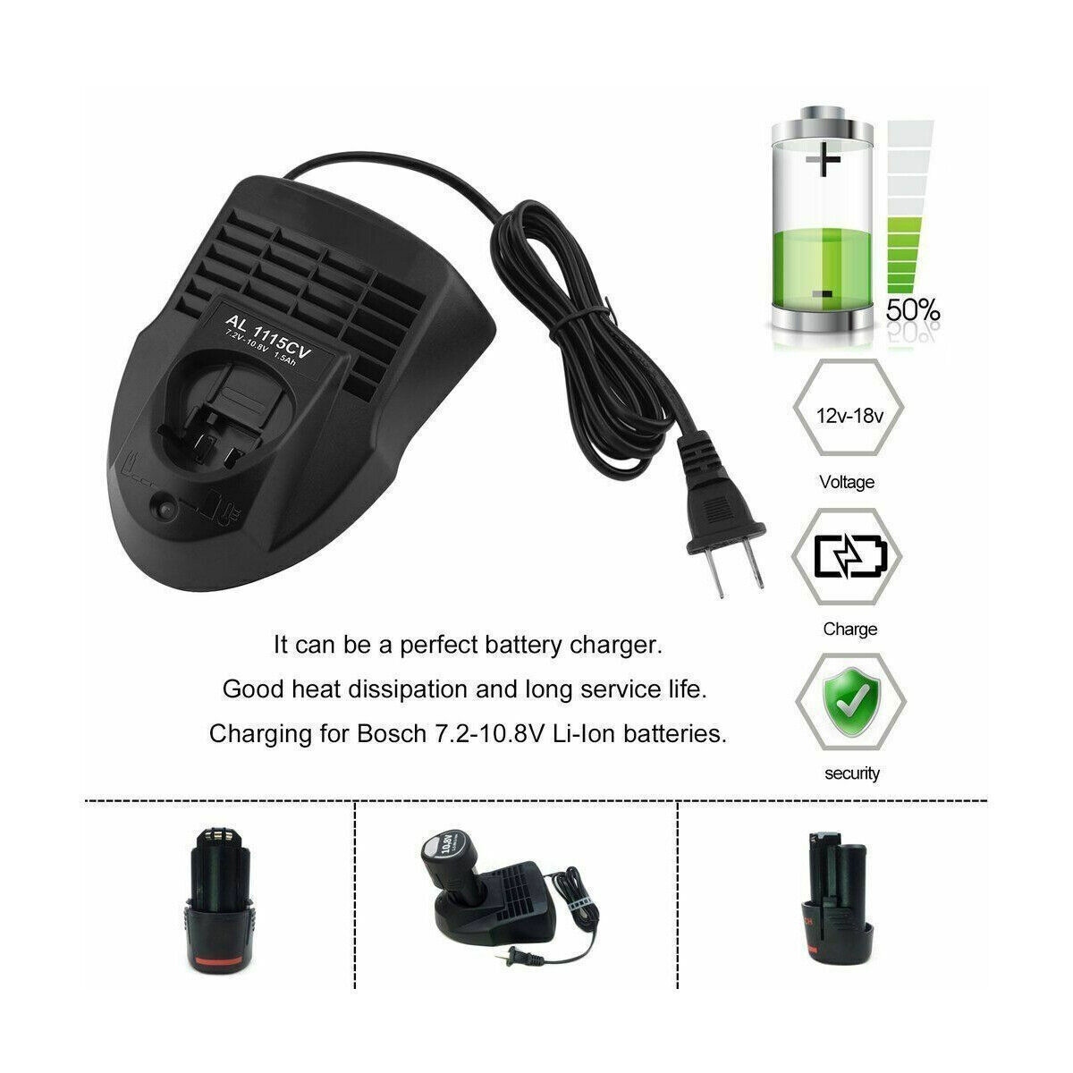 For Bosch AL1115CV 4V-10.8V 12V Max US Plug BAT414 BAT411 Li-Ion Battery Charger