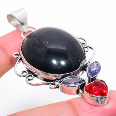 Obsidian Auge, Granat Edelstein Geschenk 925 Sterling Silber Schmuck Anhänger 2,56'' m38
