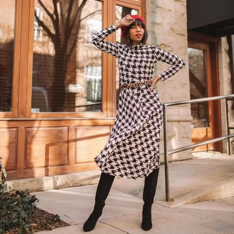 NWT 169 Ann Taylor sz0 Houndstooth BLOG FAVE Mock Neck Midi Dress Black White