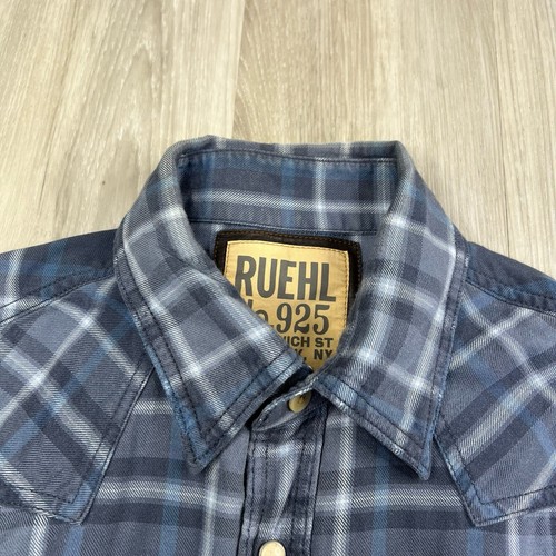 Ruehl 925 Long Sleeve Pearl Snap Flannel Shirt Men's Size S Small Blue Plaid - Picture 7 of 13