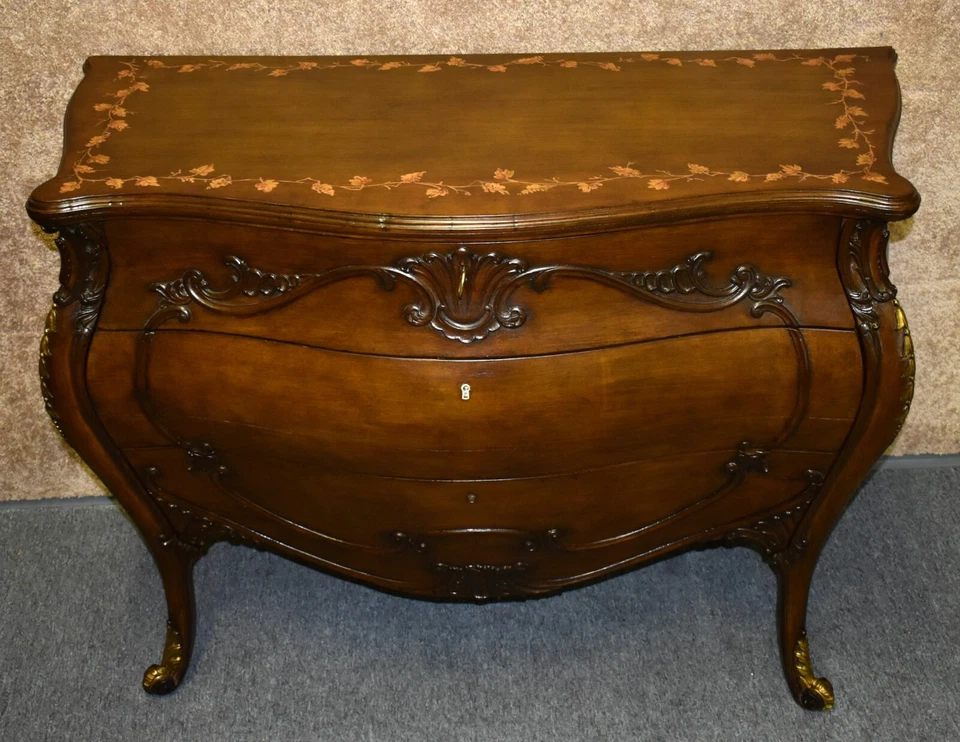 Antique Three Drawer Carved Walnut Italian Bombe' Commode w/Floral Painted Top - Image 4 of 4