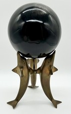 Brass Dolphin Paperweight Stand with Black Gray Marble Orb