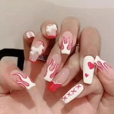 24 Square Pink white red heart bow Press on nails set with glue long coffin