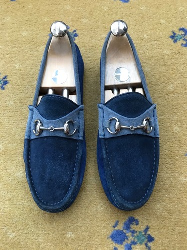 Gucci Loafers Suede Shoes Drivers Silver Horsebit Blue Mens US 7 UK 6.5 EU 40.5 - Picture 6 of 13