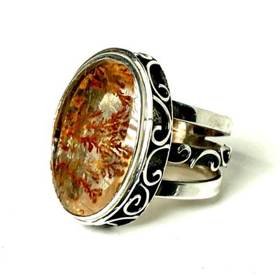 Sterling Silber und brasilianischer Dendrit Ring aufwendige Ziselierung & Ruhe Gr. 7 .925