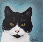 Peinture à l'huile originale chat noir art animalier 8 x 8 yeux verts chat be...