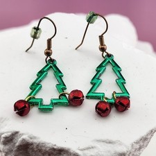 Green Christmas Tree Jingle Bell Dangle Earrings Red Holiday Festive Novelty