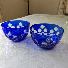 Edo Kiriko Blue Cut Glass Set of 2 Cold Tea Sake Unused