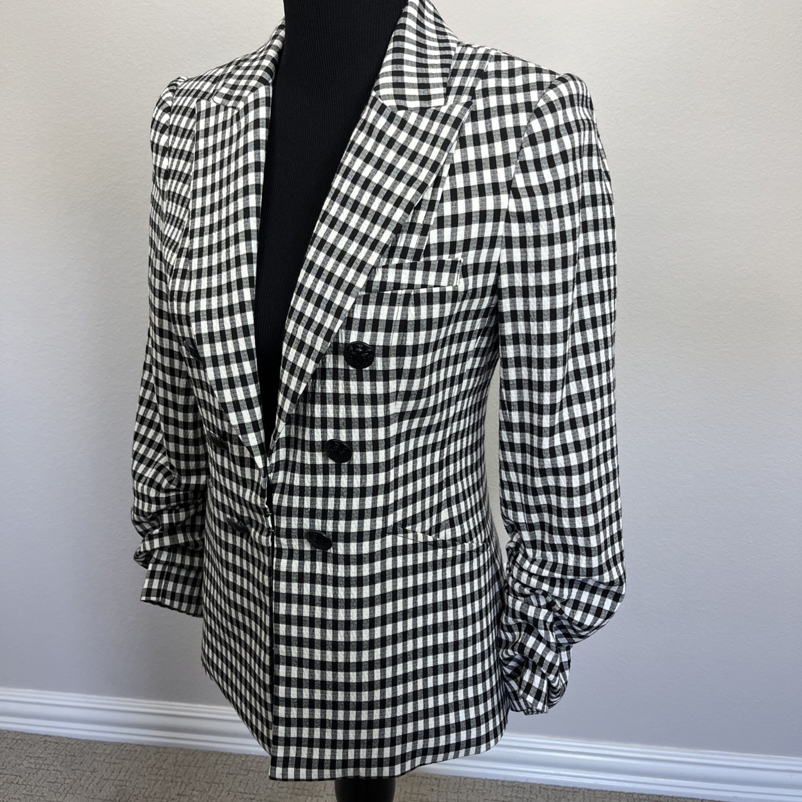 Veronica Beard MSRP $600 Sz 6Cottage Gingham Double Breast Blazer Jacket Black
