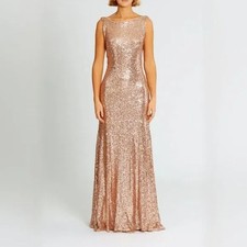 Christina Wu Rose Gold Sequin Dress 6 Bateau Neck Open Back Formal Gown 22704