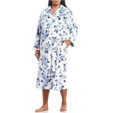 NEW Miss Elaine Plush Fleece Long Zip Front Robe MD Blue  White Floral 85981
