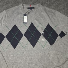 Tommy Hilfiger Gray V-Neck Sweater Long Sleeve Pullover Diamond Mens Size L 84