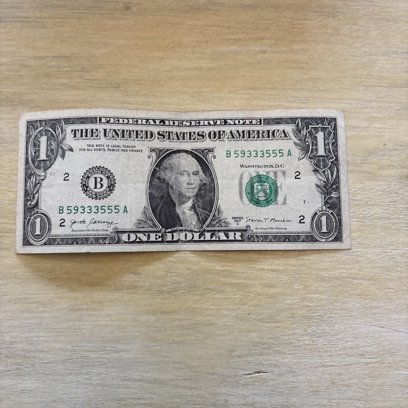 Trinary Fancy Serial Number One Dollar Bill, B 59333555 2017A
