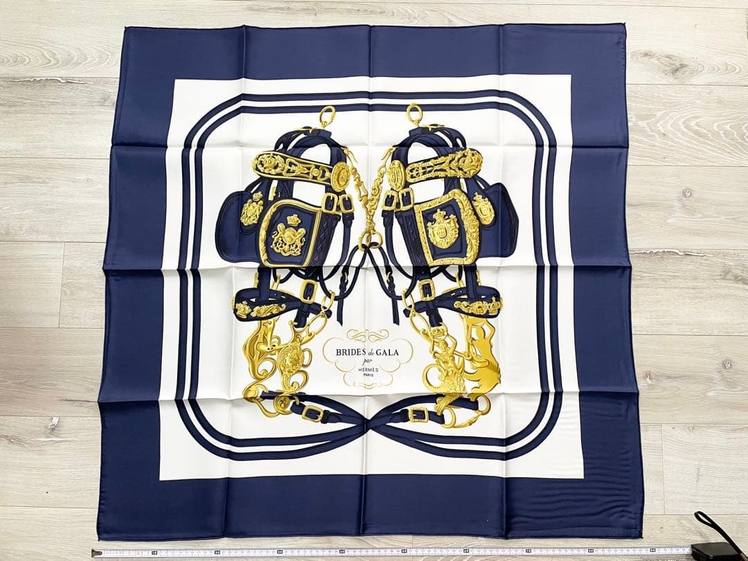 HERMES Carre 90 Brides de Gala Silk Scarf Navy Gold 35in Boxed New France