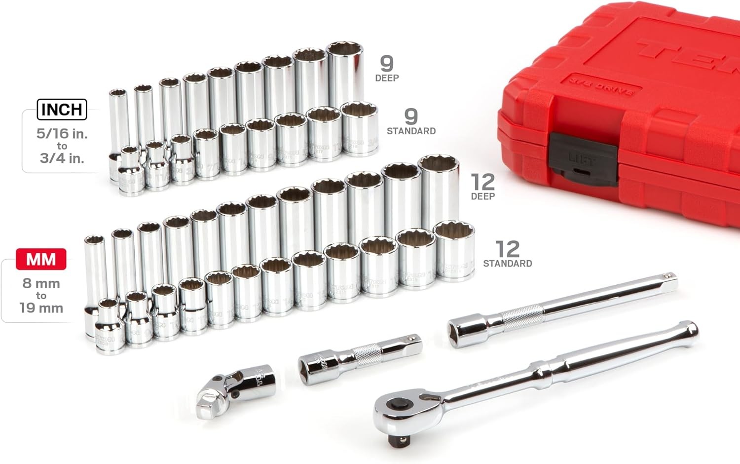 TEKTON 3/8 Inch Drive 12-Point Socket and Ratchet Set with Case, 46-Piece (5/16-