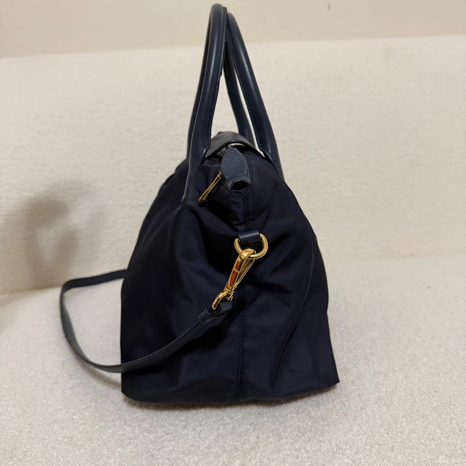 Prada Tessuto Vitello 皮革装饰挎包斜挎包海军蓝金色 — 第 2/4 张图片