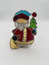 VTG Christmas Santa Claus Stained Glass Tabletop Window Suncatcher Candle Holder