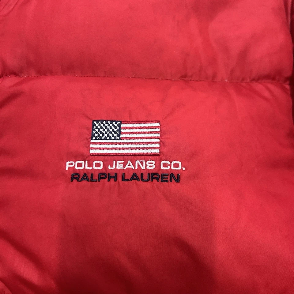 罕见复古 20 世纪 90 年代 Polo 牛仔裤 Polo Ralph Lauren 红色刺绣 Puffer 夹克XXL — 第 2/4 张图片