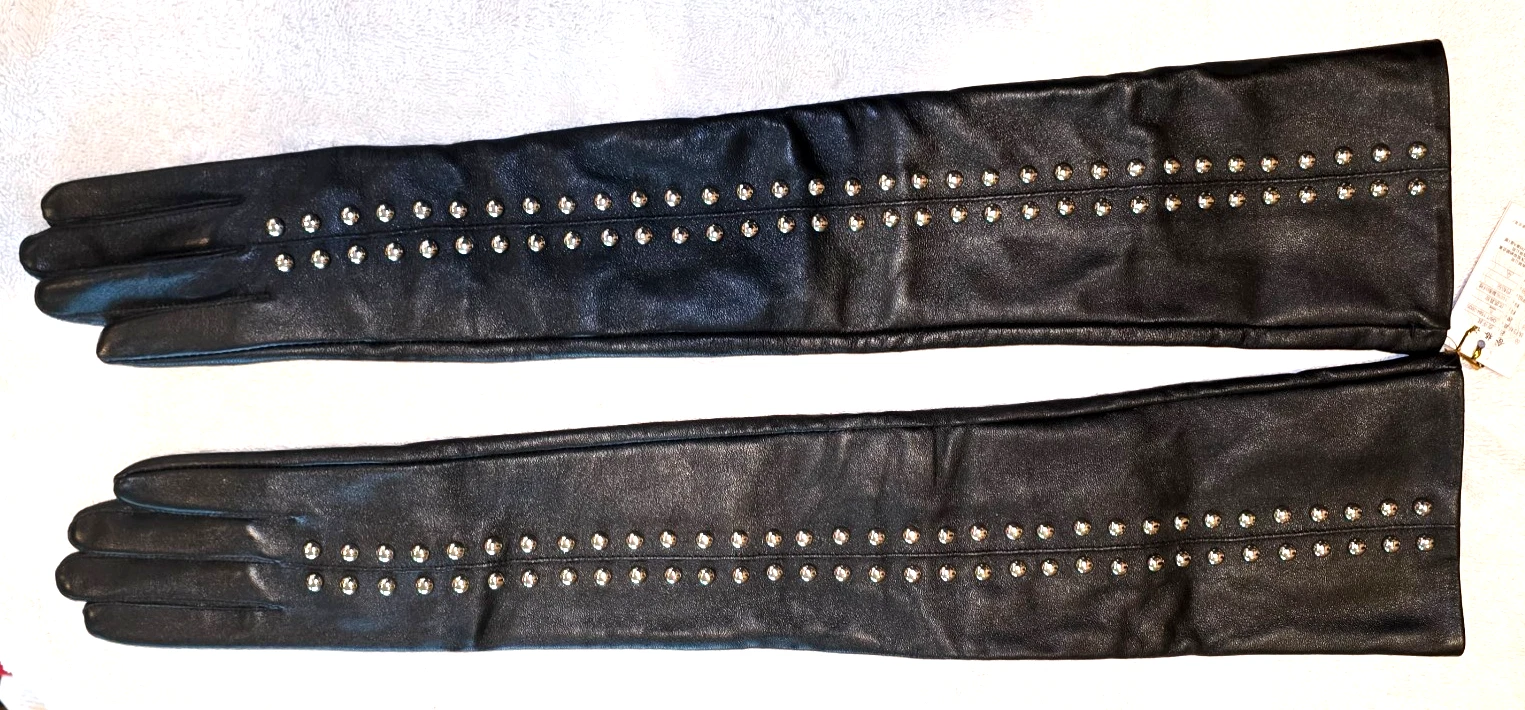 RARE! Sleek Black Lambskin Leather 23" Long Opera Gloves w/Rows of Studs 7.5 NWT