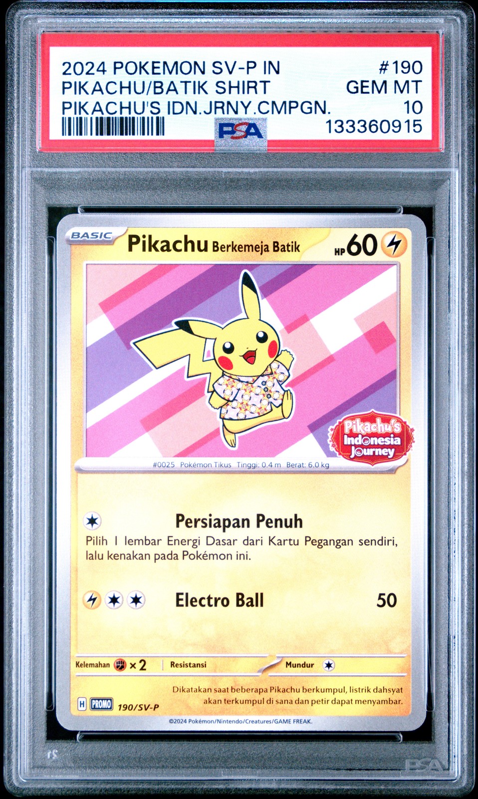 2024 POKEMON INDONESIAN SV-P PROMO #190 PIKACHU IN BATIK SHIRT PSA 10