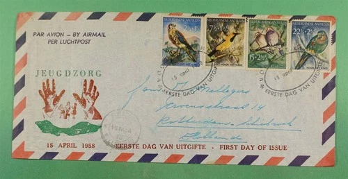 DR WHO 1958 NETHERLANDS ANTILLES FDC BIRD SEMI POST COMBO R22564