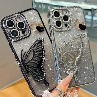  Glitzer Bling Flüssiges Schmetterling Schutz Tasche Handyhülle Tragegurt kette