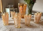 Jeannette Marigold Carnival Glass Pitcher and 8 Tumbler Set Vintage Iridescent