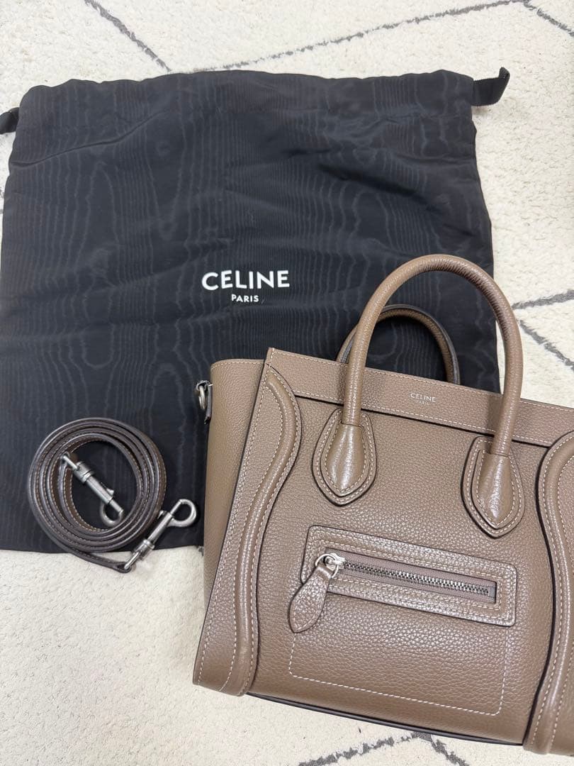 CELINE Luggage Nano Leather Handbag 2Way Shoulder Bag Souris Gray Women's