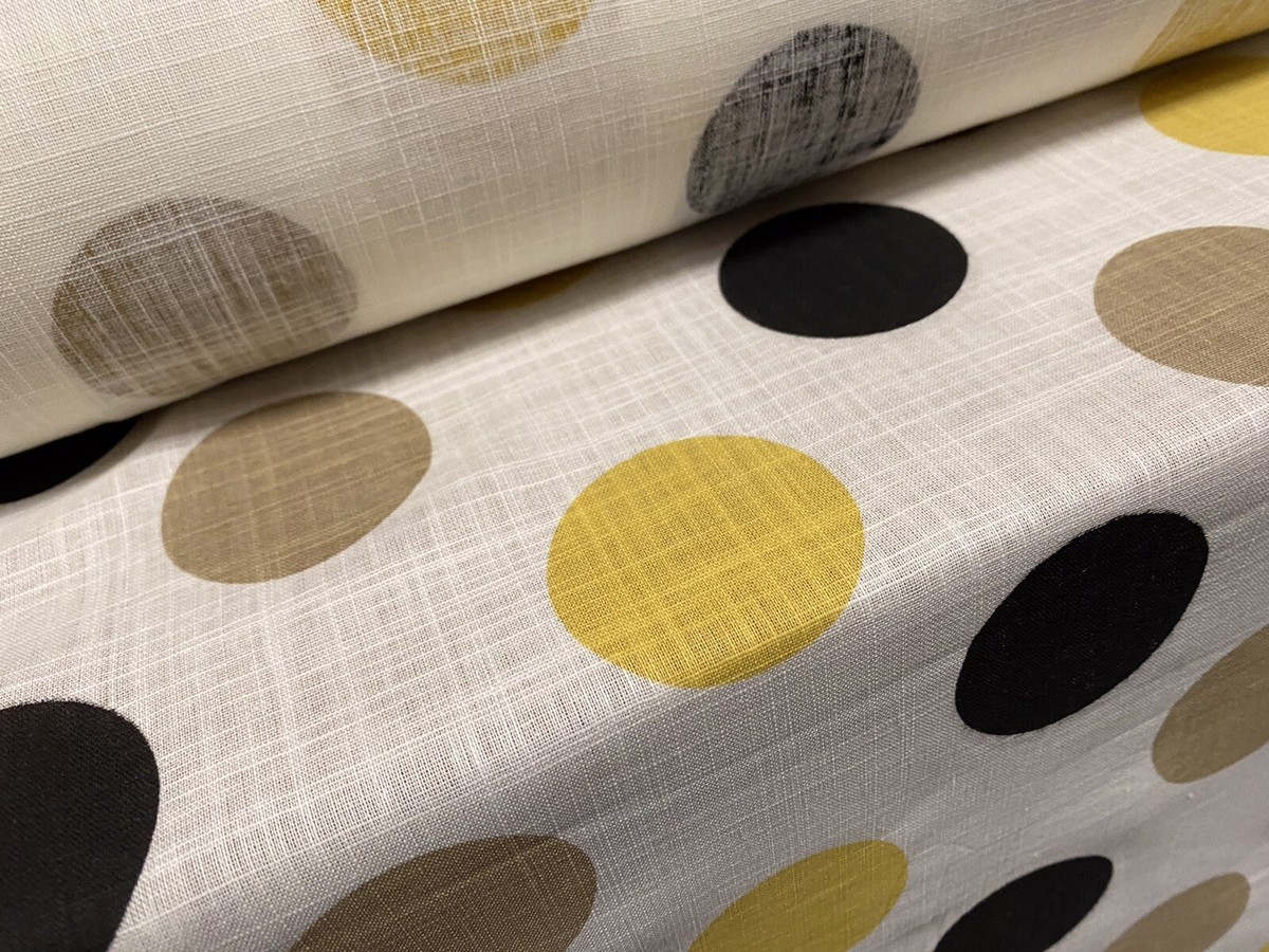 Linen Woven Dress Fabric, Per Metre - Circles Print - Ivory Mustard Black