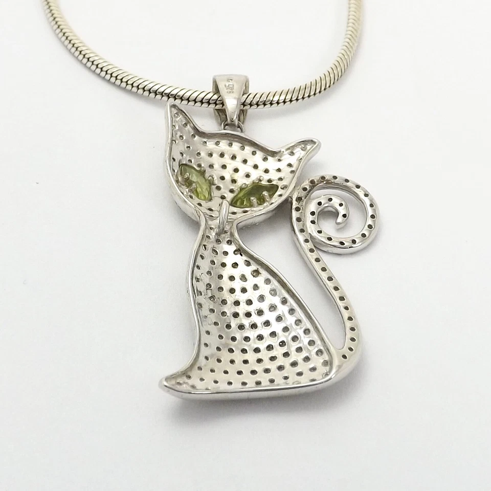 Sterling Silver Genuine Diamond Peridot Eyes Kitty Cat Pendant Necklace 18in - Image 4 of 4