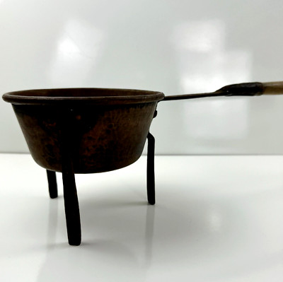 Antique Copper Pot Handmade Three Legged Wood Long Handled Attached With Rivets