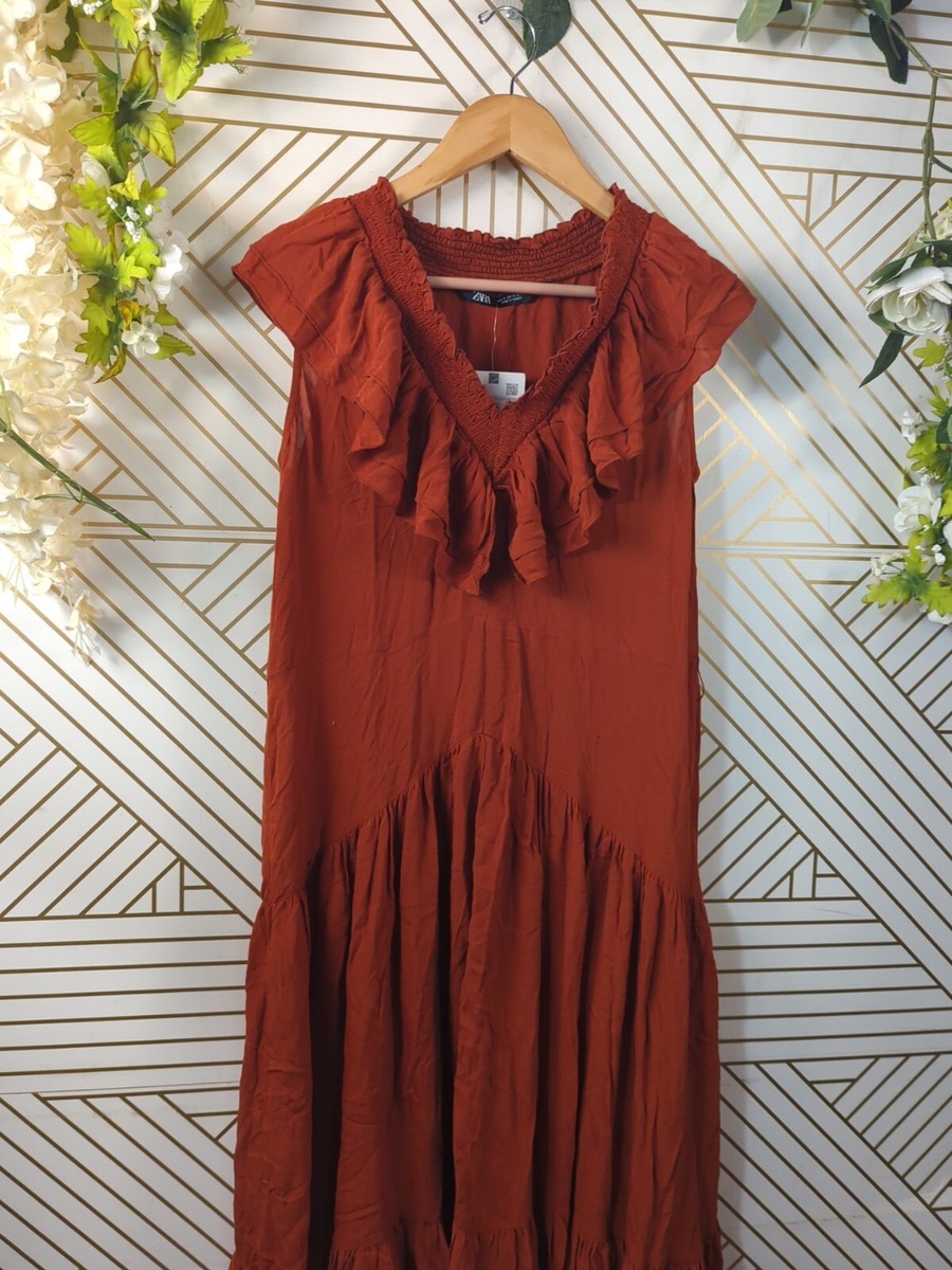 ZARA Women's Orange Fall Ruffle Midi Dress Sleeveless Flowy Size Medium NEW | eBay ZARA Women's Orange Fall Ruffle Midi Dress Sleeveless Flowy Size Medium NEW | eBay