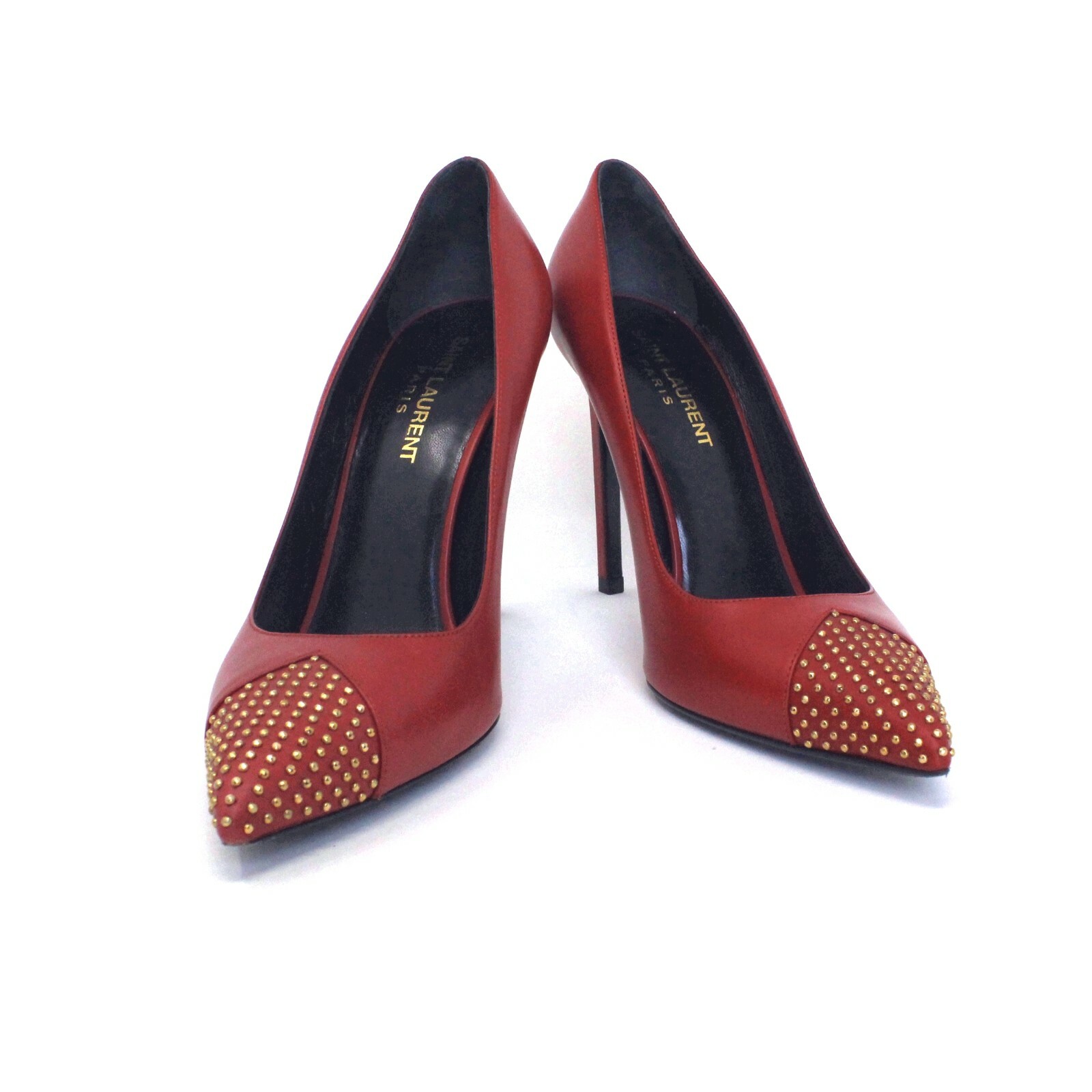 YSL 37 5 Saint Laurent Seta Rouge rosso e oro borchia punta a spillo $745