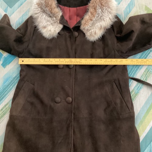 Vintage 1960 braun Wildleder und Kaninchenfell Kragen gefüttert Gürtel Swing Mantel, L - Bild 10 von 13