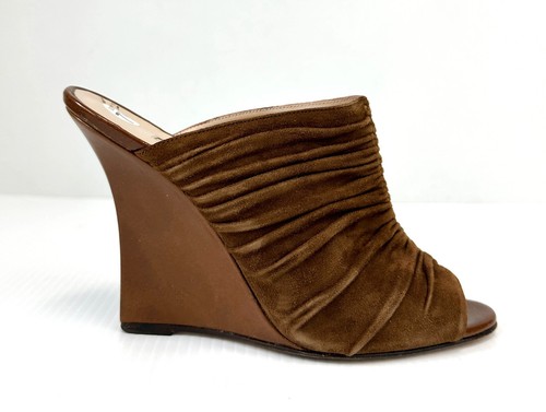 MANOLO BLAHNIK Brown Suede Open Toe Ruched Mules Wedges Slip On 37.5 EU 7.5 M - Picture 1 of 8