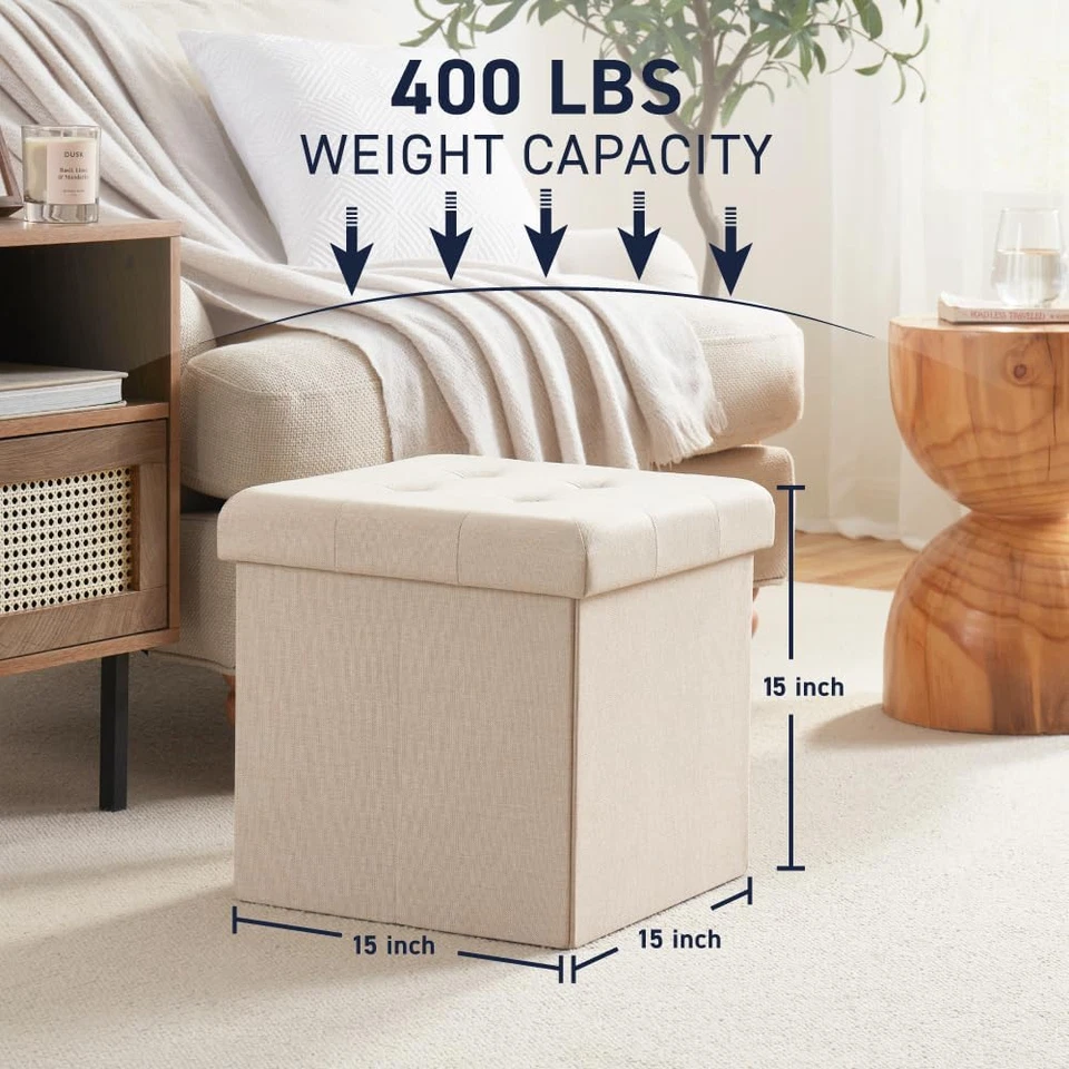 15 Inch Folding Storage Ottoman, Square Small Storage Foot Rest Stool, Bedroom B - Image 2 of 4