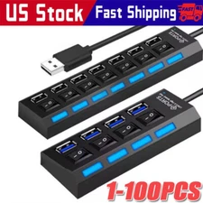 USB Hub 7 Port On/Off Switch High Speed Splitter AC Adapter Cable PC Laptop Lot