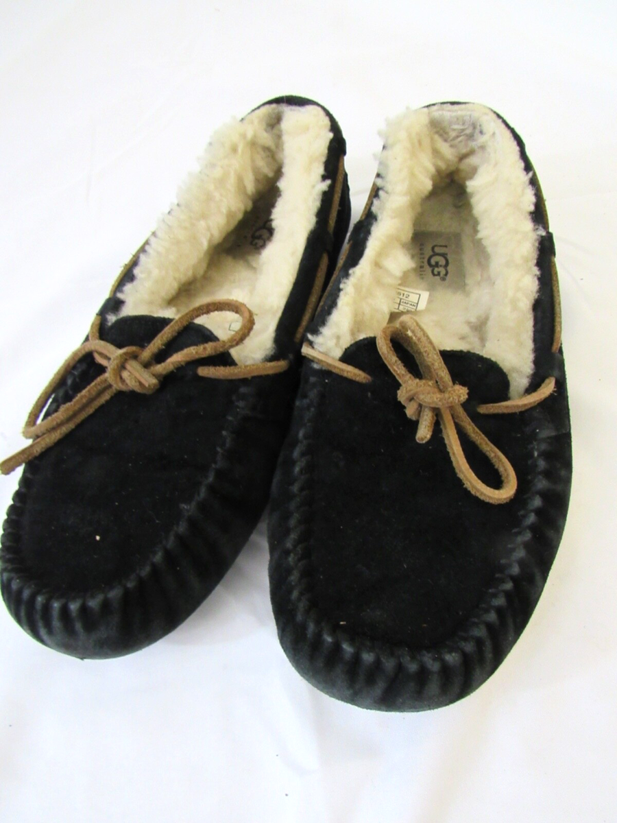 UGG Olsen Black Suede Sheepskin Slippers Moccasins Shoes 