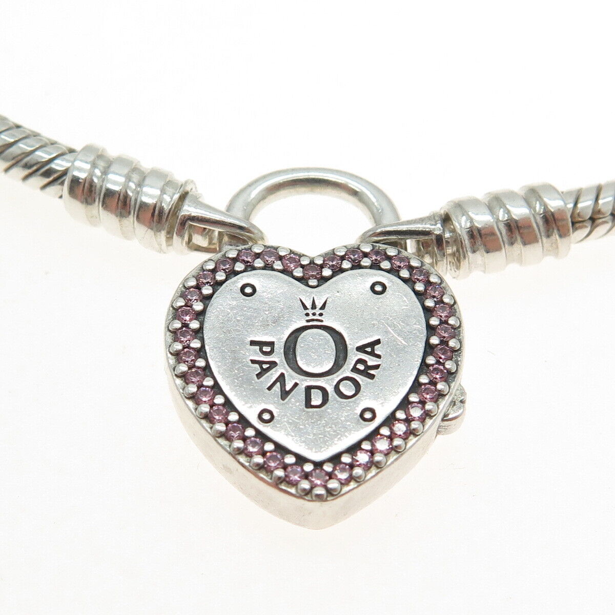 PANDORA 925 Sterling Silver Pink C Z Heart Lock Snake Link Bracelet 7 PANDORA 925 Sterling Silver Pink C Z Heart Lock Snake Link Bracelet 7