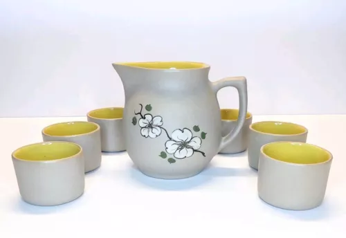 VTG Pigeon Forge Pottery Pitcher With 6 Tea Cups Dogwood Pattern Boho Natural 