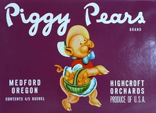 OLD VINTAGE FRUIT CRATE LABEL PIGGY PEARS BRAND MEDFORD OREGON USA c1940s
