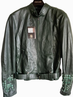 Roberto Cavalli Men s Leather Jacket 48 Long Sleeve Rock Nugget Zip Belt Green