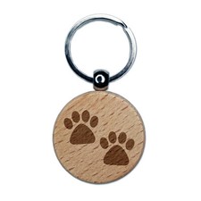 Paw Prints Pair Dog Cat Engraved Wood Round Keychain Tag Charm