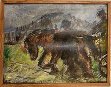 Quadro a Olio Espressionista Paesaggio Con Cavalli E Persone Al Lavoro 34x43cm