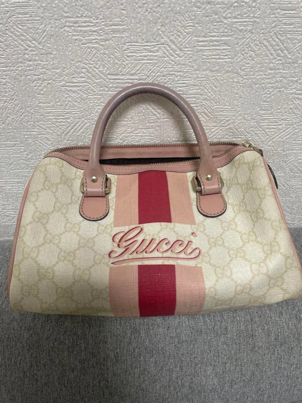 Gucci Joy Line GG Supreme Mini Sac Boston Sac à Main Beige Rose PVC Cuir