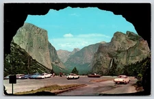 Portal of Grandeur Valley View Wawona Road Tunnel Yosemite CA Postcard 1974 Cars