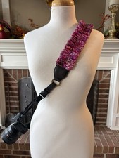 The  Magenta Bloom" Hand-Dyed Ruched Camera Strap: Brown Leather Ends