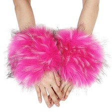 Women's Faux Fur Wrist Cuffs Winter Fluffy Furry Arm Warmers Plush Hot Pink