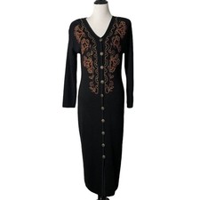 Vintage Carole Little Long Sweater Dress Size MP Black Embroidered Knit Floral