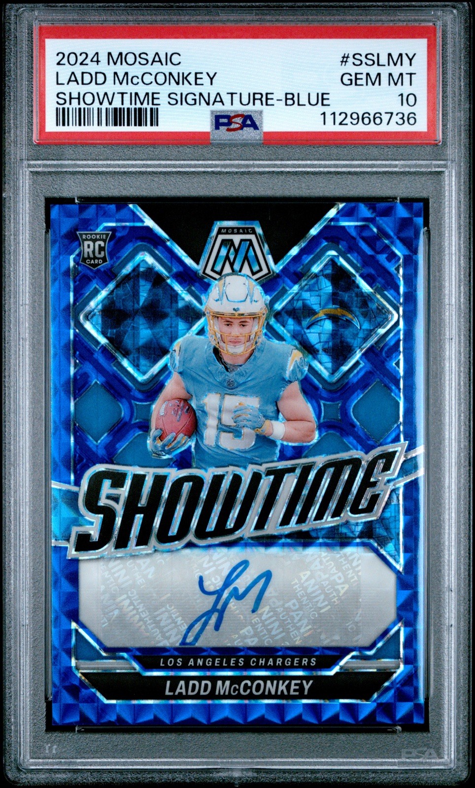 24 Mosaic Ladd McConkey Showtime Signature Blue Mosaic /99 Rookie Auto PSA 10